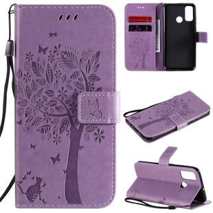 For Huawei P Smart 2020 Tree & Cat Embossed Pattern Horizontal Flip Leather Case with Holder & Card Slots & Wallet & Lanyard(Light Purple)