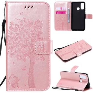 For Huawei P Smart 2020 Tree & Cat Embossed Pattern Horizontal Flip Leather Case with Holder & Card Slots & Wallet & Lanyard(Rose Gold)