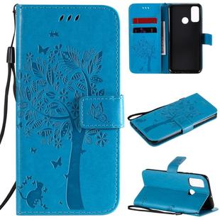 For Huawei P Smart 2020 Tree & Cat Embossed Pattern Horizontal Flip Leather Case with Holder & Card Slots & Wallet & Lanyard(Blue)