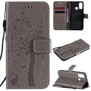 For Huawei P Smart 2020 Tree & Cat Embossed Pattern Horizontal Flip Leather Case with Holder & Card Slots & Wallet & Lanyard(Grey)
