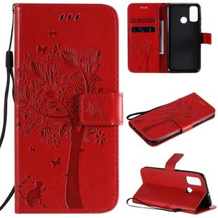 For Huawei P Smart 2020 Tree & Cat Embossed Pattern Horizontal Flip Leather Case with Holder & Card Slots & Wallet & Lanyard(Red)