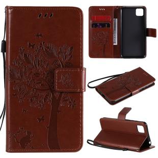 For Huawei Y5p Tree & Cat Embossed Pattern Horizontal Flip Leather Case with Holder & Card Slots & Wallet & Lanyard(Coffee)