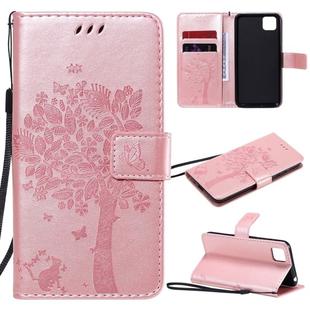 For Huawei Y5p Tree & Cat Embossed Pattern Horizontal Flip Leather Case with Holder & Card Slots & Wallet & Lanyard(Rose Gold)