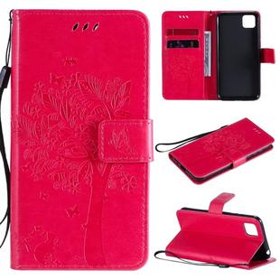 For Huawei Y5p Tree & Cat Embossed Pattern Horizontal Flip Leather Case with Holder & Card Slots & Wallet & Lanyard(Rose Red)