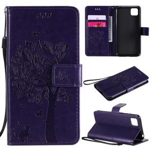 For Huawei Y5p Tree & Cat Embossed Pattern Horizontal Flip Leather Case with Holder & Card Slots & Wallet & Lanyard(Purple)
