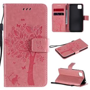 For Huawei Y5p Tree & Cat Embossed Pattern Horizontal Flip Leather Case with Holder & Card Slots & Wallet & Lanyard(Pink)