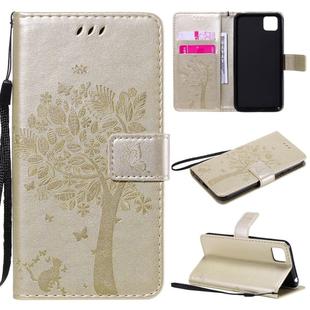 For Huawei Y5p Tree & Cat Embossed Pattern Horizontal Flip Leather Case with Holder & Card Slots & Wallet & Lanyard(Gold)