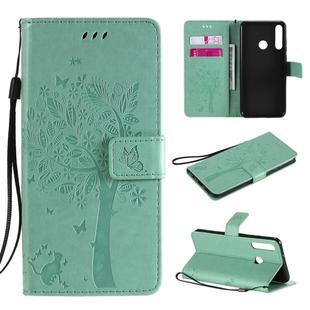 For Huawei Y6p Tree & Cat Embossed Pattern Horizontal Flip Leather Case with Holder & Card Slots & Wallet & Lanyard(Green)