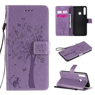 For Huawei Y6p Tree & Cat Embossed Pattern Horizontal Flip Leather Case with Holder & Card Slots & Wallet & Lanyard(Light Purple)