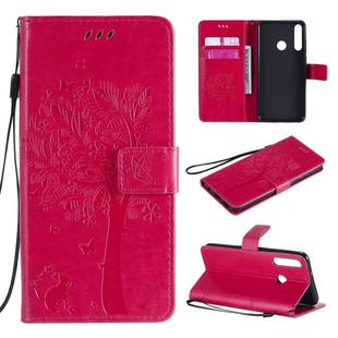 For Huawei Y6p Tree & Cat Embossed Pattern Horizontal Flip Leather Case with Holder & Card Slots & Wallet & Lanyard(Rose Red)