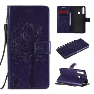 For Huawei Y6p Tree & Cat Embossed Pattern Horizontal Flip Leather Case with Holder & Card Slots & Wallet & Lanyard(Purple)