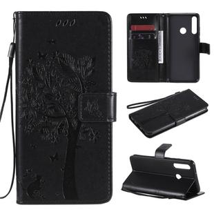 For Huawei Y6p Tree & Cat Embossed Pattern Horizontal Flip Leather Case with Holder & Card Slots & Wallet & Lanyard(Black)