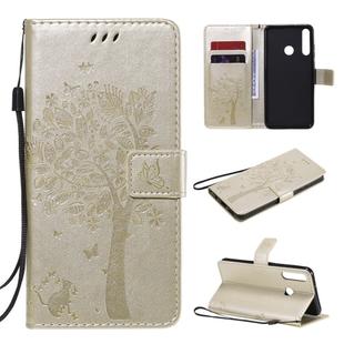 For Huawei Y6p Tree & Cat Embossed Pattern Horizontal Flip Leather Case with Holder & Card Slots & Wallet & Lanyard(Gold)