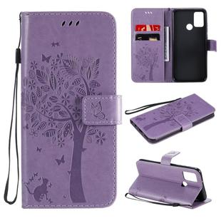 For Huawei Honor 9A Tree & Cat Embossed Pattern Horizontal Flip Leather Case with Holder & Card Slots & Wallet & Lanyard(Light Purple)