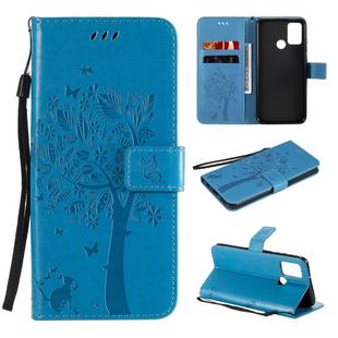 For Huawei Honor 9A Tree & Cat Embossed Pattern Horizontal Flip Leather Case with Holder & Card Slots & Wallet & Lanyard(Blue)