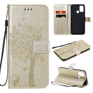 For Huawei Honor 9A Tree & Cat Embossed Pattern Horizontal Flip Leather Case with Holder & Card Slots & Wallet & Lanyard(Gold)