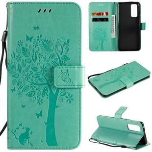 For Huawei Honor 30 Pro Tree & Cat Embossed Pattern Horizontal Flip Leather Case with Holder & Card Slots & Wallet & Lanyard(Green)