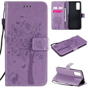 For Huawei Honor 30 Pro Tree & Cat Embossed Pattern Horizontal Flip Leather Case with Holder & Card Slots & Wallet & Lanyard(Light Purple)