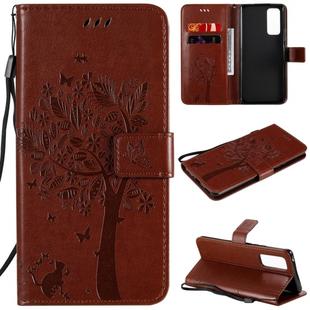 For Huawei Honor 30 Pro Tree & Cat Embossed Pattern Horizontal Flip Leather Case with Holder & Card Slots & Wallet & Lanyard(Coffee)