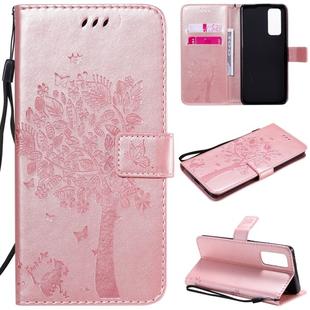 For Huawei Honor 30 Pro Tree & Cat Embossed Pattern Horizontal Flip Leather Case with Holder & Card Slots & Wallet & Lanyard(Rose Gold)