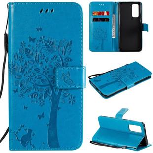 For Huawei Honor 30 Pro Tree & Cat Embossed Pattern Horizontal Flip Leather Case with Holder & Card Slots & Wallet & Lanyard(Blue)