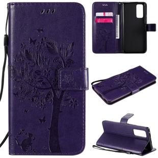 For Huawei Honor 30 Pro Tree & Cat Embossed Pattern Horizontal Flip Leather Case with Holder & Card Slots & Wallet & Lanyard(Purple)