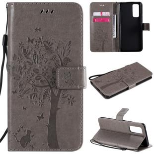 For Huawei Honor 30 Pro Tree & Cat Embossed Pattern Horizontal Flip Leather Case with Holder & Card Slots & Wallet & Lanyard(Grey)