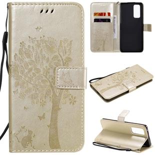 For Huawei Honor 30 Pro Tree & Cat Embossed Pattern Horizontal Flip Leather Case with Holder & Card Slots & Wallet & Lanyard(Gold)