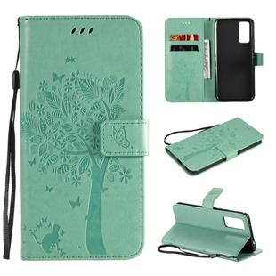 For Huawei Honor 30 Tree & Cat Embossed Pattern Horizontal Flip Leather Case with Holder & Card Slots & Wallet & Lanyard(Green)