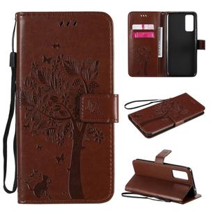For Huawei Honor 30 Tree & Cat Embossed Pattern Horizontal Flip Leather Case with Holder & Card Slots & Wallet & Lanyard(Coffee)