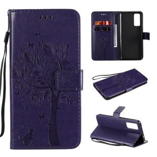 For Huawei Honor 30 Tree & Cat Embossed Pattern Horizontal Flip Leather Case with Holder & Card Slots & Wallet & Lanyard(Purple)