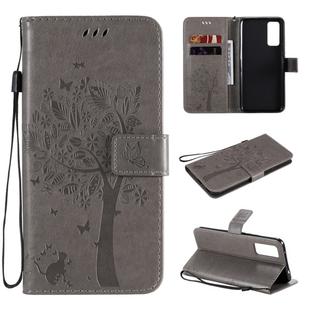 For Huawei Honor 30 Tree & Cat Embossed Pattern Horizontal Flip Leather Case with Holder & Card Slots & Wallet & Lanyard(Grey)