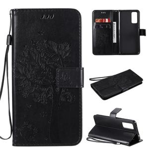 For Huawei Honor 30 Tree & Cat Embossed Pattern Horizontal Flip Leather Case with Holder & Card Slots & Wallet & Lanyard(Black)