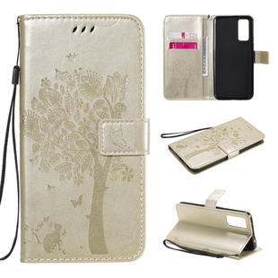 For Huawei Honor 30 Tree & Cat Embossed Pattern Horizontal Flip Leather Case with Holder & Card Slots & Wallet & Lanyard(Gold)