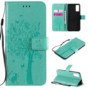 For Huawei Honor Play4T Pro Tree & Cat Embossed Pattern Horizontal Flip Leather Case with Holder & Card Slots & Wallet & Lanyard(Green)