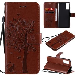 For Huawei Honor Play4T Pro Tree & Cat Embossed Pattern Horizontal Flip Leather Case with Holder & Card Slots & Wallet & Lanyard(Coffee)