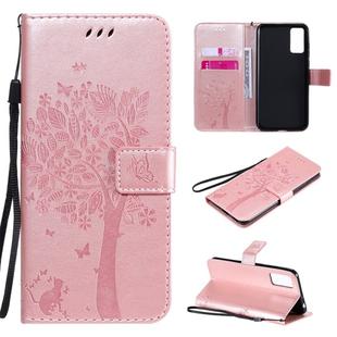 For Huawei Honor Play4T Pro Tree & Cat Embossed Pattern Horizontal Flip Leather Case with Holder & Card Slots & Wallet & Lanyard(Rose Gold)