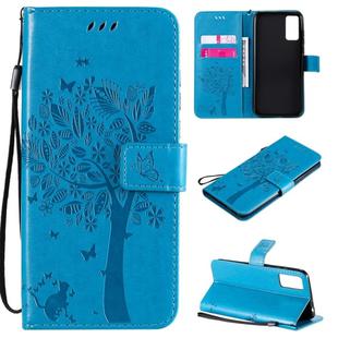 For Huawei Honor Play4T Pro Tree & Cat Embossed Pattern Horizontal Flip Leather Case with Holder & Card Slots & Wallet & Lanyard(Blue)