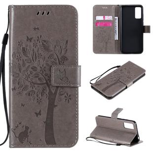 For Huawei Honor Play4T Pro Tree & Cat Embossed Pattern Horizontal Flip Leather Case with Holder & Card Slots & Wallet & Lanyard(Grey)
