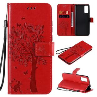 For Huawei Honor Play4T Pro Tree & Cat Embossed Pattern Horizontal Flip Leather Case with Holder & Card Slots & Wallet & Lanyard(Red)