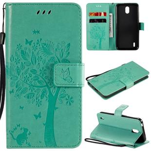 For Nokia 1.3 Tree & Cat Embossed Pattern Horizontal Flip Leather Case with Holder & Card Slots & Wallet & Lanyard(Green)