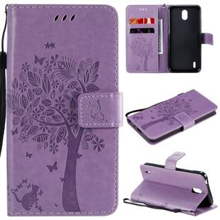 For Nokia 1.3 Tree & Cat Embossed Pattern Horizontal Flip Leather Case with Holder & Card Slots & Wallet & Lanyard(Light Purple)