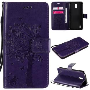 For Nokia 1.3 Tree & Cat Embossed Pattern Horizontal Flip Leather Case with Holder & Card Slots & Wallet & Lanyard(Purple)