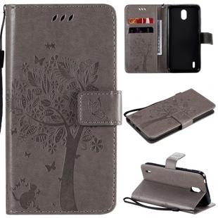 For Nokia 1.3 Tree & Cat Embossed Pattern Horizontal Flip Leather Case with Holder & Card Slots & Wallet & Lanyard(Grey)