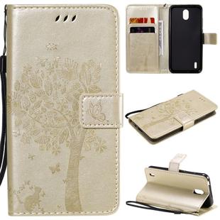 For Nokia 1.3 Tree & Cat Embossed Pattern Horizontal Flip Leather Case with Holder & Card Slots & Wallet & Lanyard(Gold)