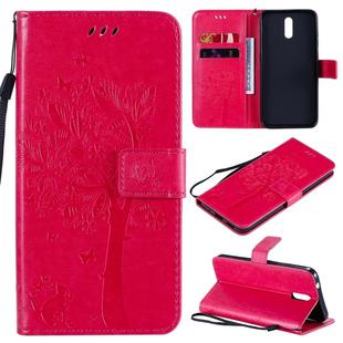 For Nokia 2.3 Tree & Cat Embossed Pattern Horizontal Flip Leather Case with Holder & Card Slots & Wallet & Lanyard(Rose Red)
