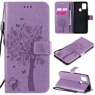 For Samsung Galaxy A21s Tree & Cat Embossed Pattern Horizontal Flip Leather Case with Holder & Card Slots & Wallet & Lanyard(Light Purple)