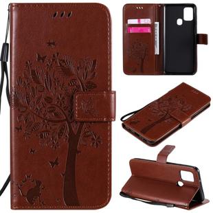 For Samsung Galaxy A21s Tree & Cat Embossed Pattern Horizontal Flip Leather Case with Holder & Card Slots & Wallet & Lanyard(Coffee)