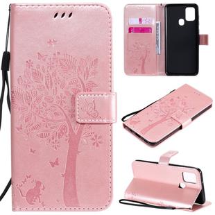 For Samsung Galaxy A21s Tree & Cat Embossed Pattern Horizontal Flip Leather Case with Holder & Card Slots & Wallet & Lanyard(Rose Gold)