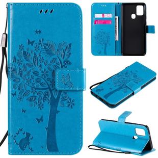 For Samsung Galaxy A21s Tree & Cat Embossed Pattern Horizontal Flip Leather Case with Holder & Card Slots & Wallet & Lanyard(Blue)
